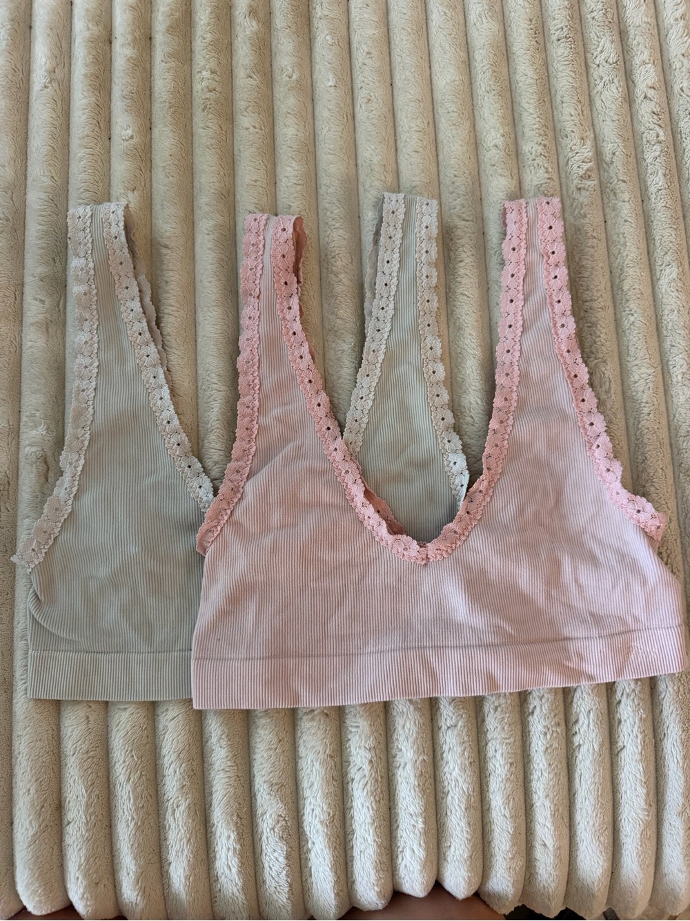 PINK Victoria's Secret Ribbed Lace-Trim Bralettes - Pink & Light Gray